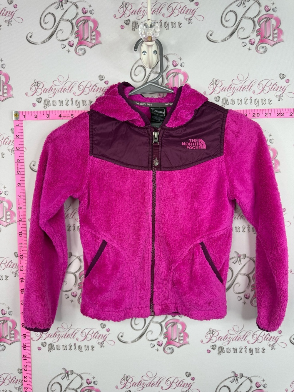 The North Face Girls' Pink Fuzzy Fleece Hoodie with Maroon Yoke